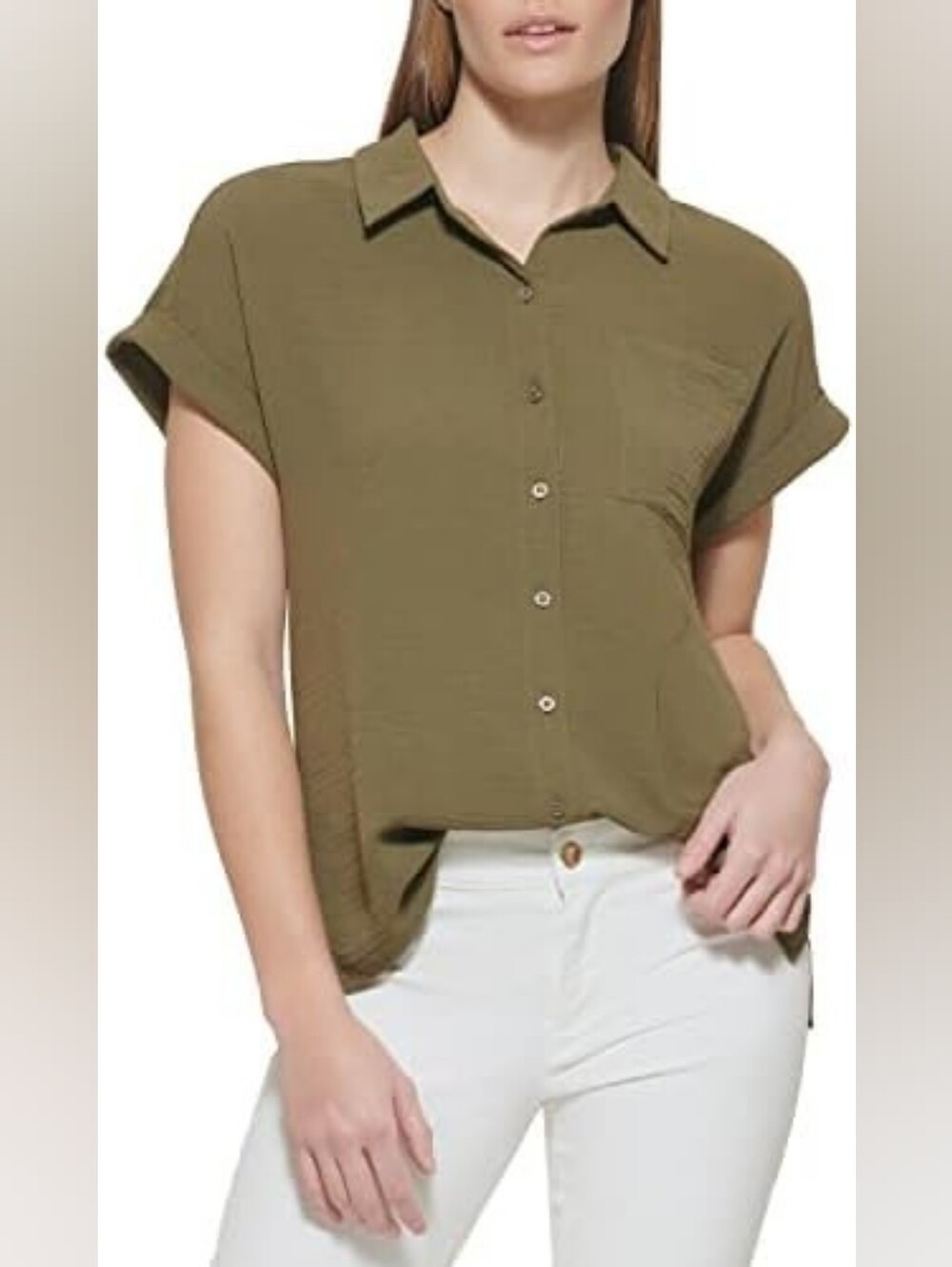 Calvin Klein Women's Olive Cuffed Short Sleeve Button-Down Camp Shirt - Size M